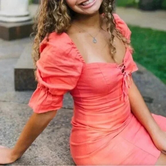 Aritzia Wilfred Womens Mini Dress Stanza Linen Puff Sleeve Coral Pink Corset XXS - Picture 7 of 16